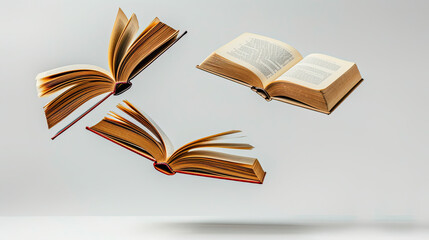 Flying books in air on white background