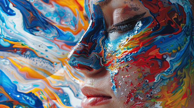 The face of a young woman in abstract liquid bright paint