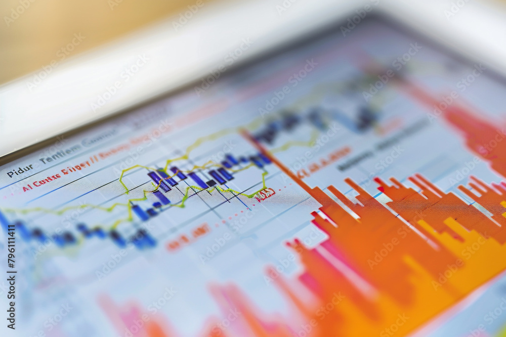 Poster macro shot of a currency exchange chart on a digital device, showing fluctuations after a central ba