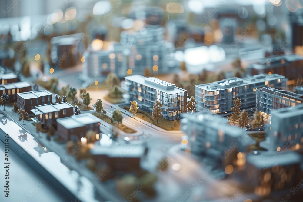 Aufkleber macro shot of a detailed scale model of an urban redevelopment project, showcasing mixed-use buildin