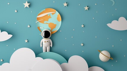cute papercut astronaut in spacesuit, earth rainbow, cute color. rainbow, cloud and stars.
