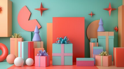 minimal shape colorful Gift boxes geometric shapes arranged in a dynamic composition. colorful design.
