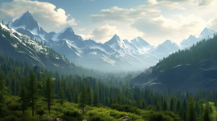 Serene Mountain Valley Panorama - obrazy, fototapety, plakaty