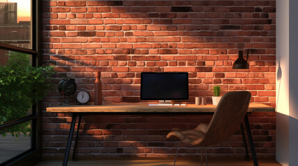Modern Home Office with Brick Wall at Sunset