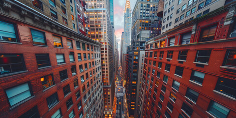 A cityscape with tall buildings and a street view of a city. The buildings are mostly brick and the sky is cloudy - obrazy, fototapety, plakaty