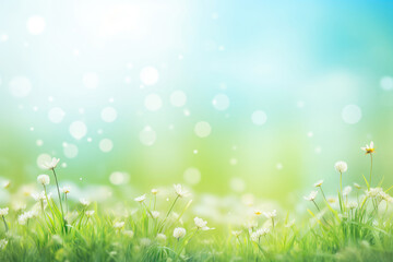 Fototapeta na wymiar Serene Spring Meadow with Glistening Dew Drops