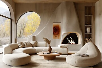 Japandi Interior Design in a Modern Living Room Minimalist Aesthetics with a Curved Round Sofa, Pouf, and a Fireplace, Creating a Harmonious Home Space