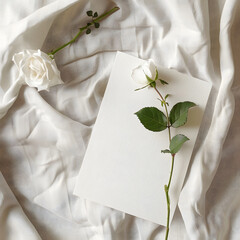 Two bloomed white roses with white paper against cris fabric