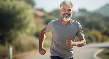 Portrait of happy senior man with grey hair and beard in sportswear