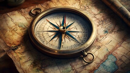 Fototapeta na wymiar Classic compass on weathered navigation chart: compass art on old map