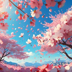 cherry blossom in spring,natural beauty of a  blue sky adorned with delicate cherry blossom petals gently falling, tranquility and peace.
