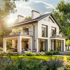 Fototapeta na wymiar 3d rendered Photo of the exterior of single-family home with a stylish design surrounded by garden made with generative AI