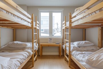 Hostel rooms with bunk wood beds. white bedding set Natural light from the window.