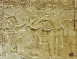 Wall relief of Ramesses II as a prince making offerings to Horus in the Temple of Seti built in 13th century BC by the Pharoah Seti I near Abydos,Egypt