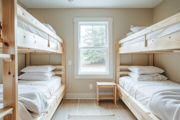 Hostel rooms with bunk wood beds. white bedding set Natural light from the window. - obrazy, fototapety, plakaty