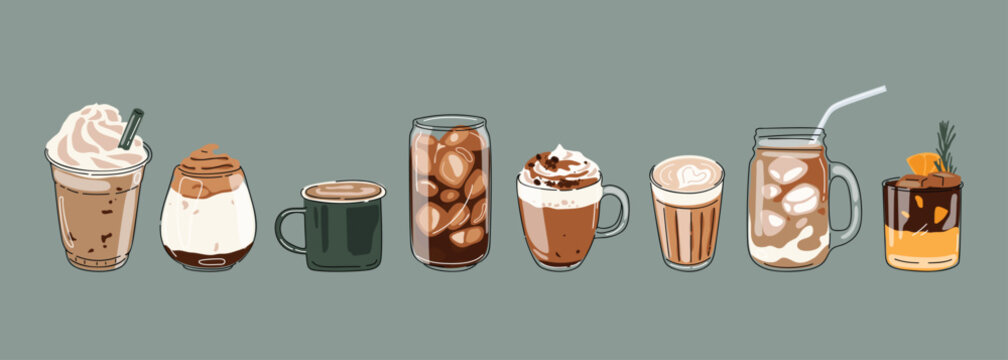 Hot and cold coffee beverage with cute doodle decoration. Espresso, americano cup, cappuccino and latte in glasses. Vector illustration blended coffee for logo, ads, promotion, marketing, banner.