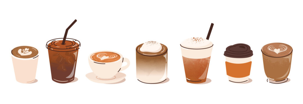 Hot and cold coffee beverage with watercolor decoration. Espresso, americano cup, cappuccino and latte in glasses. Vector illustration blended coffee for logo, ads, promotion, marketing, banner.