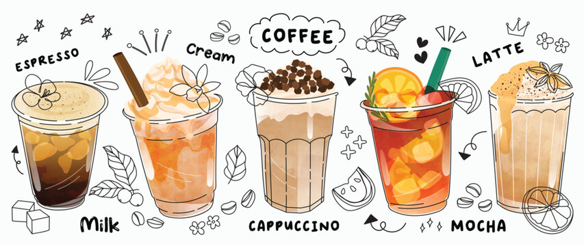 Hot and cold coffee beverage with cute doodle decoration. Espresso, americano cup, cappuccino and latte in glasses. Vector illustration blended coffee for logo, ads, promotion, marketing, banner.
