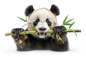 A panda munching on bamboo, isolated on a white background