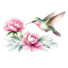 Hummingbird with Pink Peony Digital Artwork
