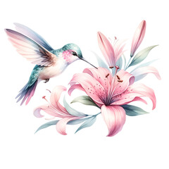 Hummingbird Hovering Over Pink Lily Illustration
