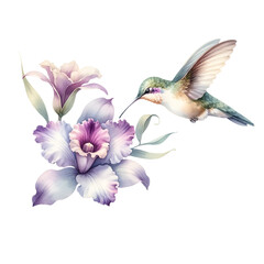 Hummingbird and Purple Iris Flower Illustration
