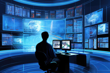 Security Professional Overseeing High-Tech Control Room