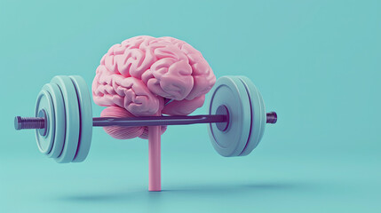 Human brain lifting weights. 3D brain lifting a heavy dumbbell. on pastel blue background 