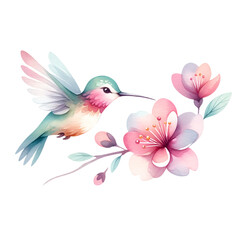 Hummingbird with Cherry Blossoms Watercolor Illustration
