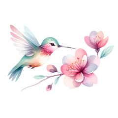 Obraz premium Hummingbird with Cherry Blossoms Watercolor Illustration 