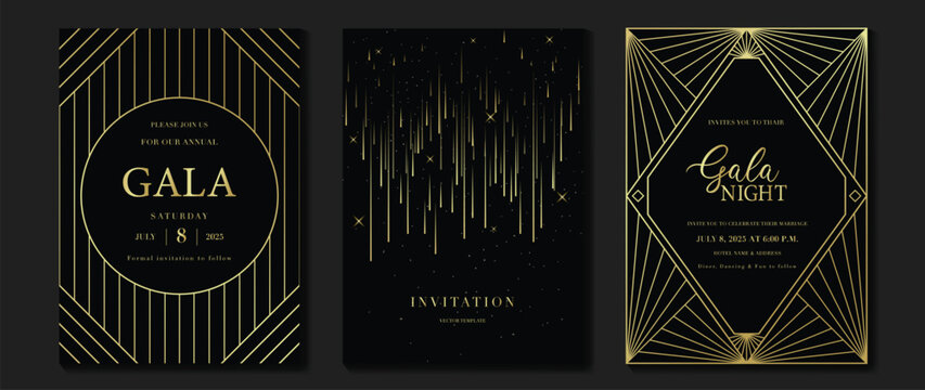 Luxury invitation card background vector. Golden elegant geometric shape, gold lines gradient on dark background. Premium design illustration for gala card, grand opening, wedding, party invitation.