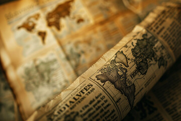 Macro shot of a newspaper headline about a global economic crisis, with a blurry world map in the backdrop - obrazy, fototapety, plakaty