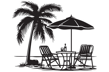 silhouette summer design palm tree Relaxing man front table and umbrella man beach vector