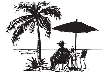 silhouette summer design palm tree Relaxing man front table and umbrella man beach vector