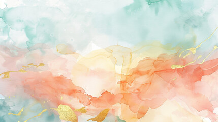 Obraz na płótnie Canvas Coral, gold, and pink hues blend into pale blue in an abstract watercolor sunrise.