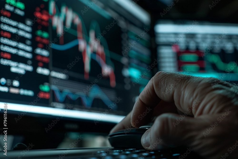 Poster macro shot of a trader's hand clicking a mouse to execute trades, screens showing global stock indic