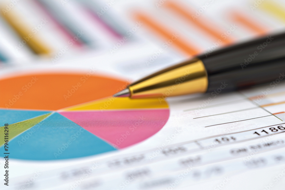 Poster macro shot of colorful pie charts and bar graphs on an economic report, pen pointing at key figures