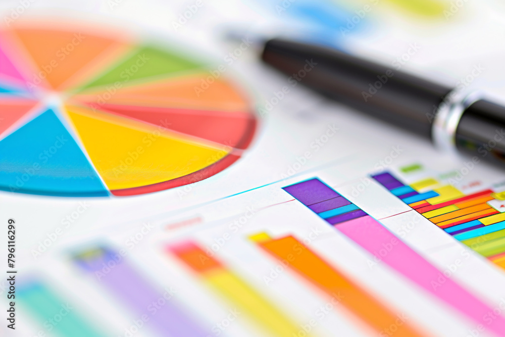 Poster macro shot of colorful pie charts and bar graphs on an economic report, pen pointing at key figures