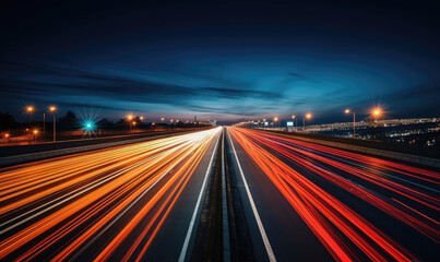 Long Exposure Traffic Trails on Highway at Night - obrazy, fototapety, plakaty