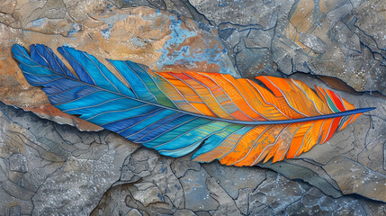 Kingfisher feather vibrant life, blues and oranges on grey.
