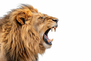 A lion roaring, isolated on a white background