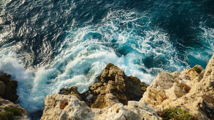 A view of the vast ocean as seen from a rugged cliff, with waves crashing against the rocks below. The vast expanse of water extends to the horizon under a clear sky.