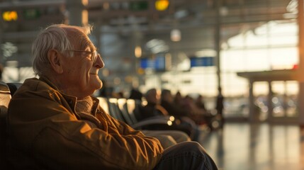 Elderly gentleman watching passengers at airport terminal while awaiting departure for his flight - obrazy, fototapety, plakaty