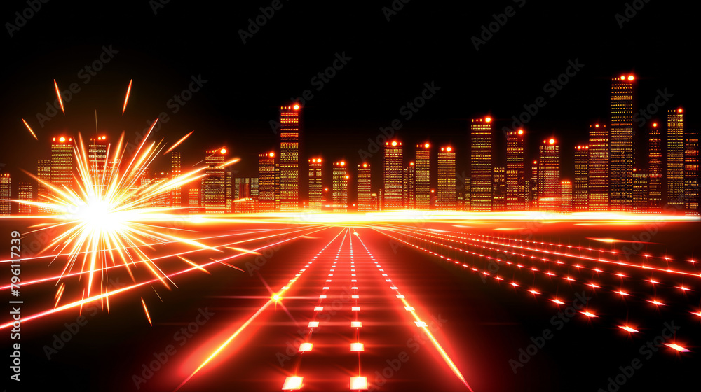 Wall mural a cityscape with a bright orange streak of light in the middle. the city is lit up with neon lights 