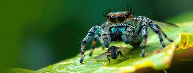 Colorful Jumping Spider Encounters Bee on Leaf