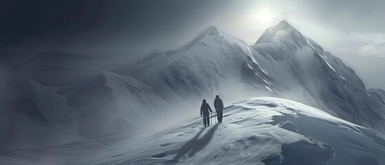 Hikers Trekking in Winter Mountain Landscape