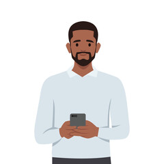 Young bearded black man using mobile phone. Flat vector illustration isolated on white background