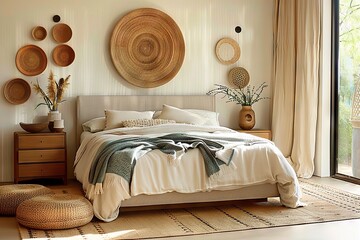 A Tranquil Retreat Modern Bedroom Showcasing Boho Interior Design with Earthy Tones, Textured Decorations, and Natural Light