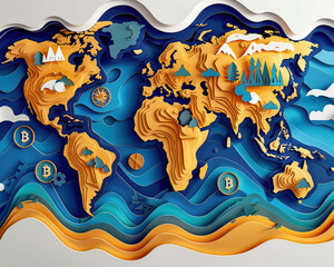 A creative paper art world map highlighting Bitcoin and blockchain elements.
