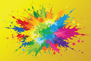 Colorful rainbow holi paint color powder explosion vector, isolated wide yellow panorama background